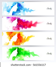 Beautiful abstract woman face silhouettes are on the abstract colorful watercolor backgrounds. Set of four color banners. 