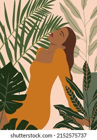 Beautiful Abstract Woman in fashion orange dress. Pastel Tropical leaves background. Modern minimalist glamour female portrait with nature jungle pattern. Vector illustration