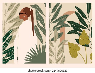 Beautiful Abstract woman in fashion style. Pastel Tropical leaves background. Modern minimalist glamour female portrait with nature jungle pattern. Vector illustration