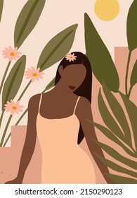 Beautiful Abstract woman in fashion style. Pastel Tropical leaves background. Modern minimalist glamour female portrait with nature jungle pattern. Vector illustration