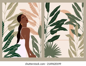 Beautiful Abstract woman in Fashion white dress. Pastel Tropical leaves background. Modern minimalist glamour female portrait with nature jungle pattern. Vector illustration