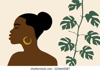 Beautiful abstract woman. Pastel tropical leaves background. Minimalistic abstract portrait exotic woman.