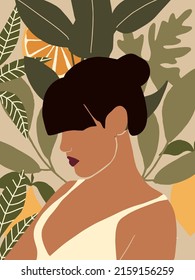 Beautiful Abstract Woman in Tropical Jungle. Pastel Tropical leaves background. Modern minimalist glamour female portrait with nature botanical pattern. Vector illustration