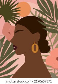 Beautiful Abstract woman in Tropical leaves background. Modern minimalist glamour female portrait with nature jungle pattern. Vector illustration