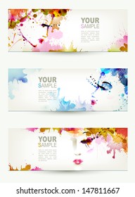 Beautiful abstract women faces on three headers