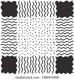 Beautiful abstraction with unusual square elements. Background with crossed waves and straight lines. Vector illustration