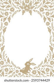 Beautiful adorable bunny with floral flower elements border frame background in vintage art nouveau illusration style for birthday invitation poster printable card book page flyer etc