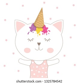 Beautiful adorable cat in a ice cream cap on a pink background. Cute kitty unicorn. Humor illustration, t-shirt composition, hand drawn style print.