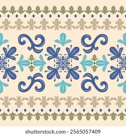 Beautiful Adorable Silk Weaves Embroidery illustration Pattern. Royal Scroll Ornament Petals Blooming Flowers Seamless Elaborate Border Vector Decoration. Detailed of Rich Wealth Opulence Classy Style