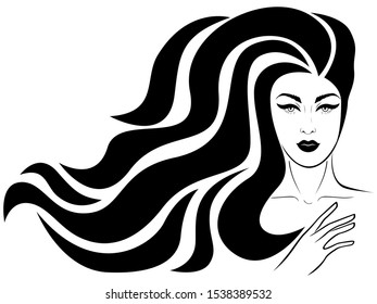 Beautiful and adorable woman with long luxury hair in flow, black vector isolated on the white background, hand drawing