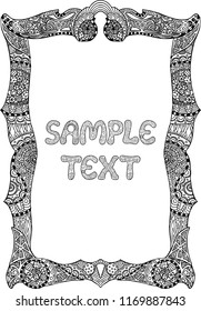 Beautiful adult coloring book page with decorative frame and sample text