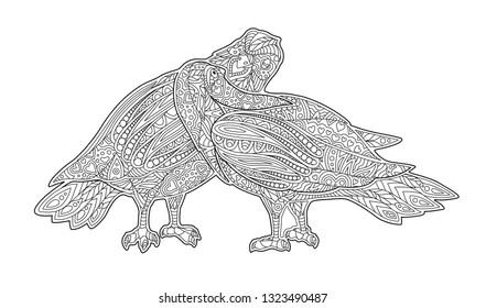 Beautiful adult coloring book page with two kissing pigeons on white background