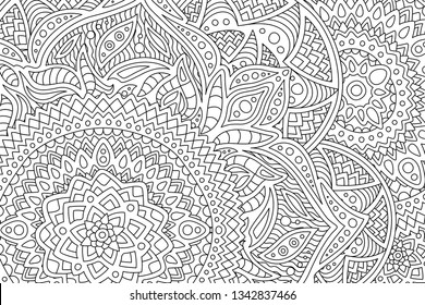 Beautiful adult coloring book page with monochrome detailed abstract pattern