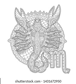 Beautiful adult coloring book page with scorpion silhouette and zodiac sign on white background