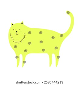 Beautiful adult yellow cat with spots. Cartoon-style pet. Bright charismatic character. Serious face, eyes closed. Vector illustration. One icon, isolated on white background. Flat.