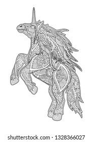 Beautiful adut coloring book page with decorative unicorn on white background