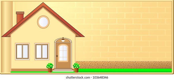 beautiful advertising card with space for text and beautiful house, flower and bricks