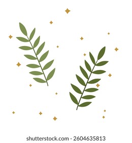Beautiful aesthetic decorative plants. Botanical eco green leaves branch. Herbal natural with stars