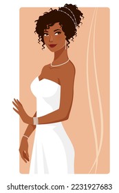 Beautiful African American bride in a wedding dress. Young black woman with elegant updo, wearing a white gown and diamond jewelry.