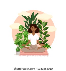 Beautiful African American brunette girl in a lotus pose surrounded by plants. Vector illustration of a meditating woman at home. Harmony and balance. Crossed legs. Girl in the interior.