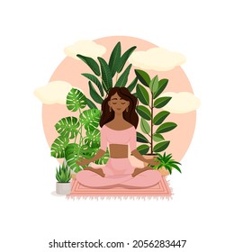 Beautiful African American brunette girl in a lotus pose surrounded by plants. Vector illustration of a meditating woman at home. Harmony and balance. Crossed legs. Girl in the interior.