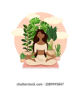 Beautiful African American brunette girl in a lotus pose surrounded by plants. Vector illustration of a meditating woman at home. Harmony and balance. Crossed legs. Girl in the interior.