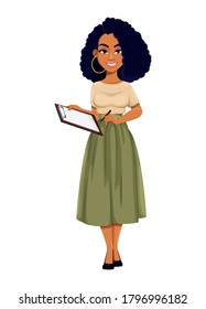 Beautiful African American business woman holding clipboard. Cute African-American businesswoman cartoon character. Vector illustration on white background