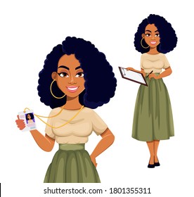 Hermosa mujer de negocios afroamericana descansando, con dos poses. Un lindo personaje de caricatura afroamericano con una insignia y un portapapeles. Ilustración del vector