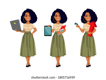 Beautiful African American business woman, set of three poses. Cute African-American businesswoman cartoon character. Vector illustration