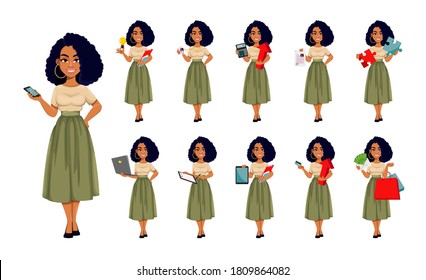 Beautiful African American business woman, set of eleven poses. Cute African-American businesswoman cartoon character. Vector illustration