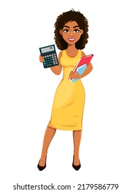 Beautiful African American business woman making calculations. Cute young businesswoman cartoon character.