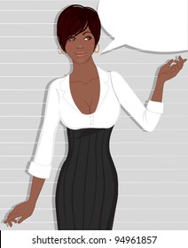 Beautiful african american business woman standing near blank speech bubble on gray striped background.