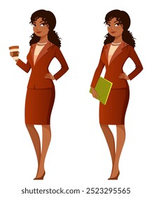 Beautiful African American businesswoman, teacher or lawyer wearing elegant brown suit, holding a coffee cup or folders. Cheerful young woman in office attire. Cartoon character. Isolated on white.