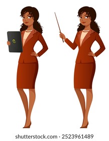 Beautiful African American businesswoman, teacher or lawyer wearing elegant brown suit, holding a tablet or pointer. Cheerful young woman in office attire. Cartoon character. Isolated on white.