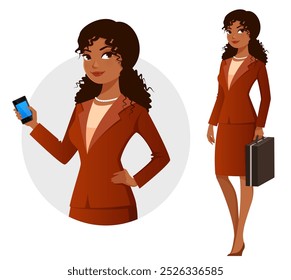 Beautiful African American businesswoman, teacher or lawyer wearing elegant brown suit, holding a mobile phone or briefcase. Cheerful young woman in office attire. Cartoon character.