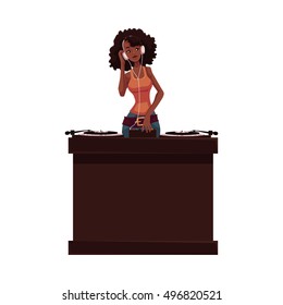 Beautiful African American dj girl, cartoon vector illustration isolated on white background. Pretty black woman with curly hair wearing headphones and standing at the turntable