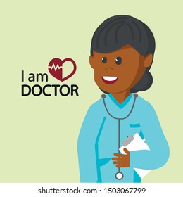 Beautiful African American Ethnic Woman Doctor Flat Cartoon Vector Illustration. I am Doctor. Girl Nurse with Stethoscope. Treatment and Healthcare at Hospital Concept. Taking Care.