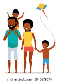 Beautiful african american family isolated on white background. Summer vacation. Flat cartoon illustration.