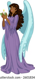 Beautiful African American female angel with candle vector illustration
