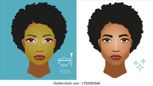 Beautiful african american girl with beauty face mask. Spa natural cosmetics organic beauty facial mask. Self-care beauty treatment skincare concept.	