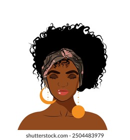 Beautiful African American girl with closed eyes with a fluffy hairstyle. Avatar for social networks. Character concept. Black woman