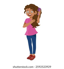 Beautiful African American girl combing her hair. vector illustration.e