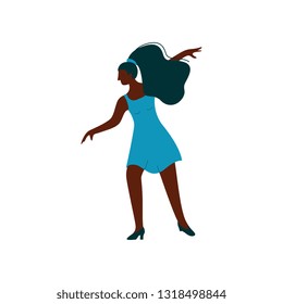 Beautiful African American Girl Dancing Wearing Blue Short Dress, Female Dancer Character Vector Illustration