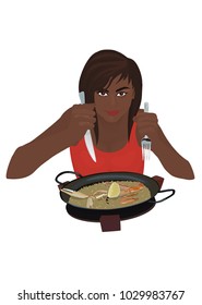 Beautiful african american girl eating tasty paella