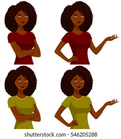 beautiful African American girl with her arms crossed or gesturing. Young black woman, cartoon character. Vector eps file.