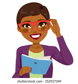 Beautiful African American girl holding glasses and reading book happy smiling looking at front