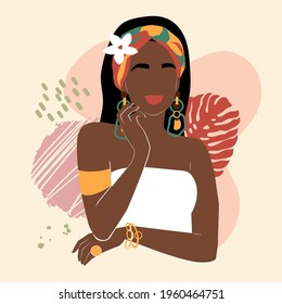 Beautiful African American girl and modern abstract various shapes. Vector illustration abstract people. Avatar concept