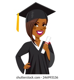 Beautiful african american girl on graduation day holding diploma and with hand on hip