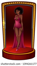 Beautiful African American girl in pink dress on scene. Vector illustration