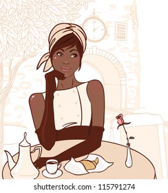 Beautiful african american girl in the street cafe in the old city drinking coffee. Vector illustration.